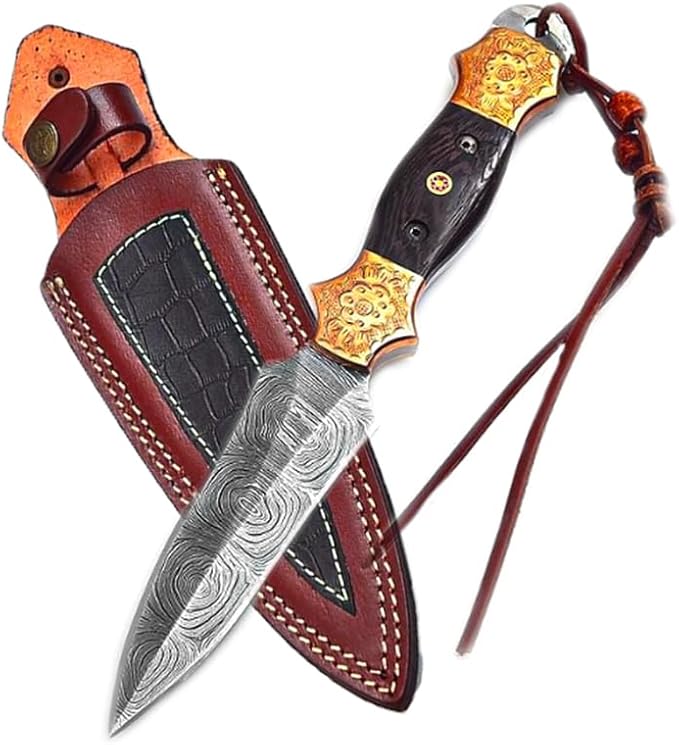 Dessi Damascus Steel Fixed Blade Knife Handmade Hunting Camping Hiking Hand Engraved Copper Bolsters Wenge Wood Handle Leather Sheath SM11