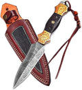 Dessi Damascus Steel Fixed Blade Knife Handmade Hunting Camping Hiking Hand Engraved Copper Bolsters Wenge Wood Handle Leather Sheath SM11