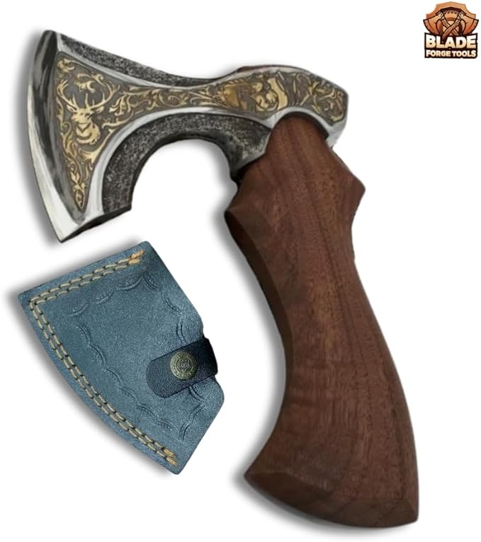 Carbon Steel Head with Hardened &amp Razor Sharpened Edge Rose Wood Handle Uniquely Designed Head Tomahawk Battle Axe with Premium Leather Sheath