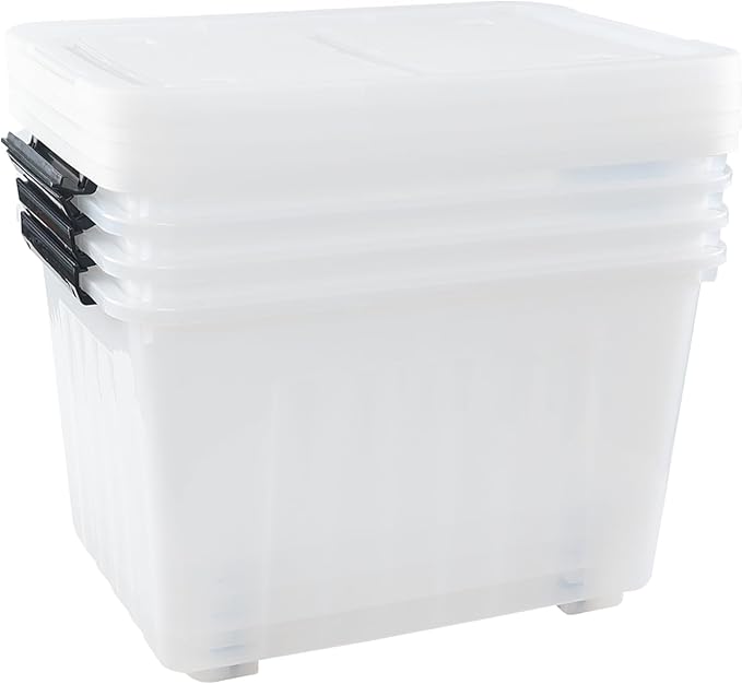 50 L 4 Packs Clear Large Storage Bin with Wheels Plastic Latching Boxes with Lid