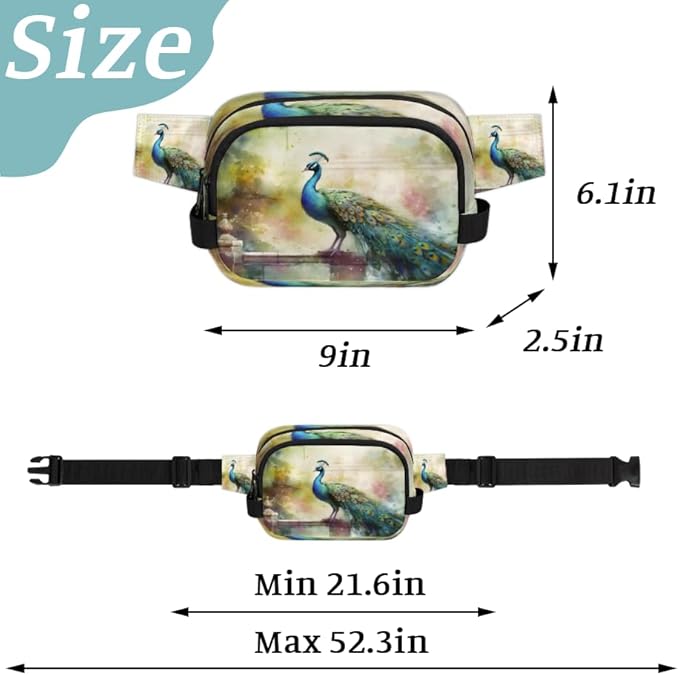 Elegant Watercolor Peacock Waterproof Fanny Pack for Women Men Adjustable Waist Bag with Double Zipper Pockets Lightweight Square Hip Pack for Running Travel Hiking Workout Cycling