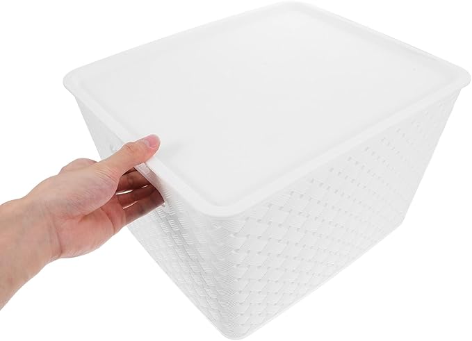 Unomor Plastic Storage Bins Large Woven Plastic Organizer with Handle and Lid Multi-purpose Storage Basket for Pantry Closet Office Classroom and Playroom Organization