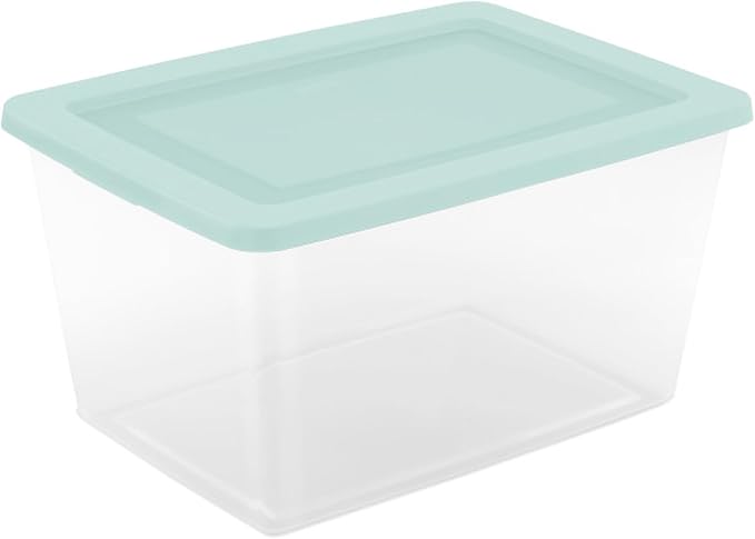 Sterilite 32 Pack Storage Boxes Clear Plastic Stackable Containers Lightweight Home Organizers with Snap Lids 58 Quart Mindful Mint