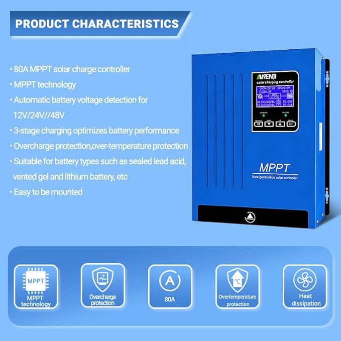 ANENJ MPPT 80A Solar Charge Controller 12V 24V 48V Auto Max 150V Inputup to 7680W Solar Panel 3-Stage Charging for Lead Acid/Gel/Lithium Battery High Efficiency 96.5% Home Off-Grid System