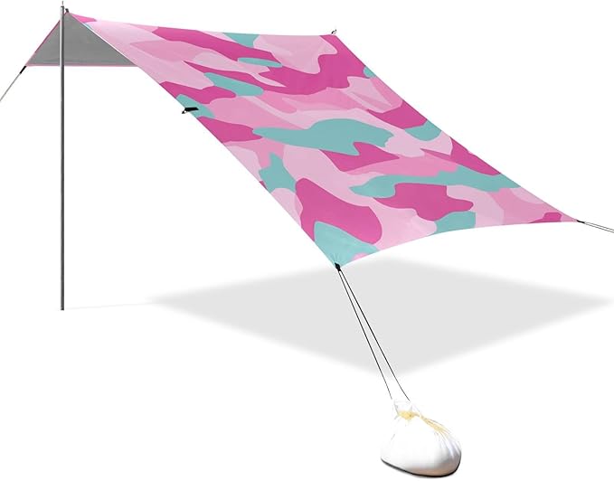 Cyan Aqua Foldable Beach Tent UPF50+ Waterproof Portable Sun Shelter Includes Sand Shovel Sandbags Stability Poles for Camping Trips Fishing Backyard Fun or Picnics