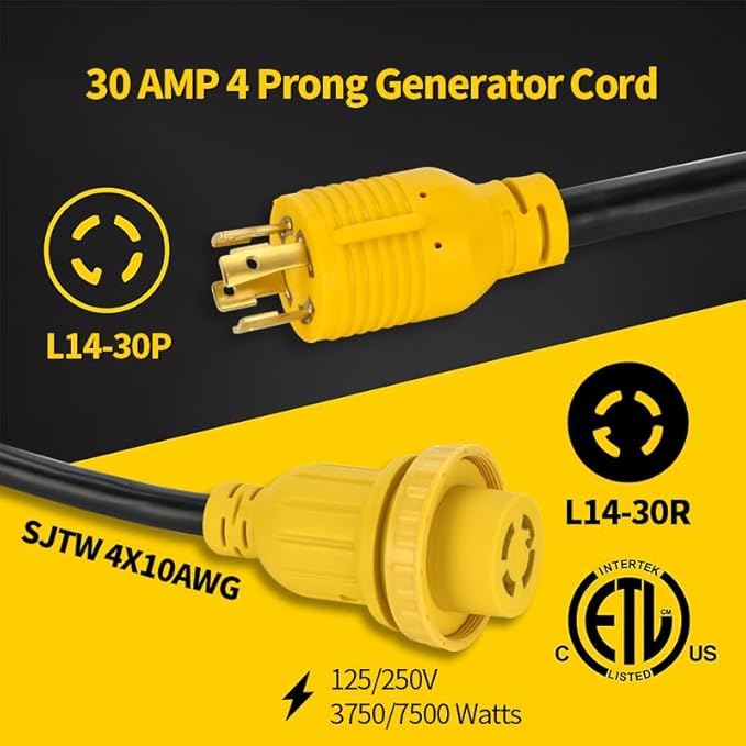 30 Amp 4 Prong 25 FT Generator Cable and Power Inlet Box (Pre-Drilled) Waterproof Kit L14 30p Generator 10 Gauge Extension Cord to L14-30R Twist Lock Cord Plug for Outdoor Use125/250V Up to 7500W