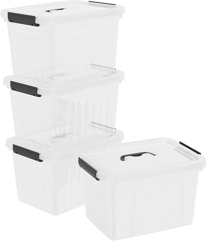 4-Pack Latching Box with Handle 20L Clear Plastic Storage Bins with Lid
