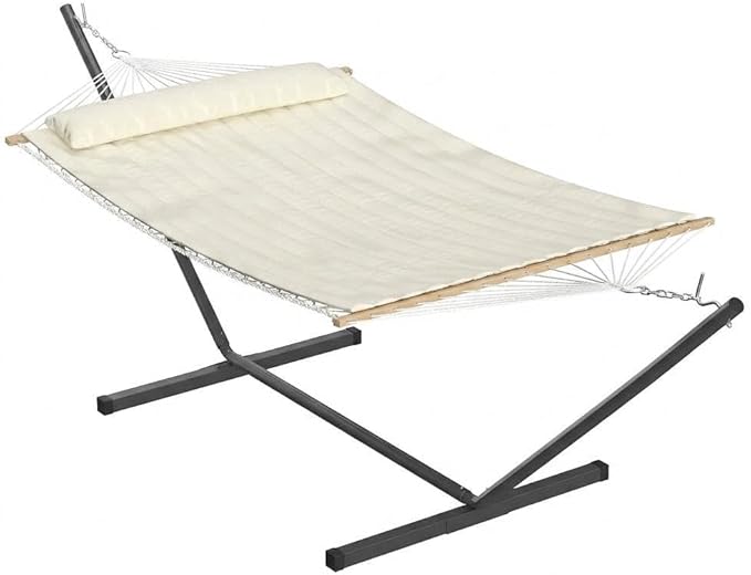 Hammock with Stand 2 Person Heavy Duty Hammock with Soft Pillow &amp Balance Ropes Stand Alone Hammock with Curved Spreader Bar Portable Outdoor Hammock for PatioBeach BackyardBeige
