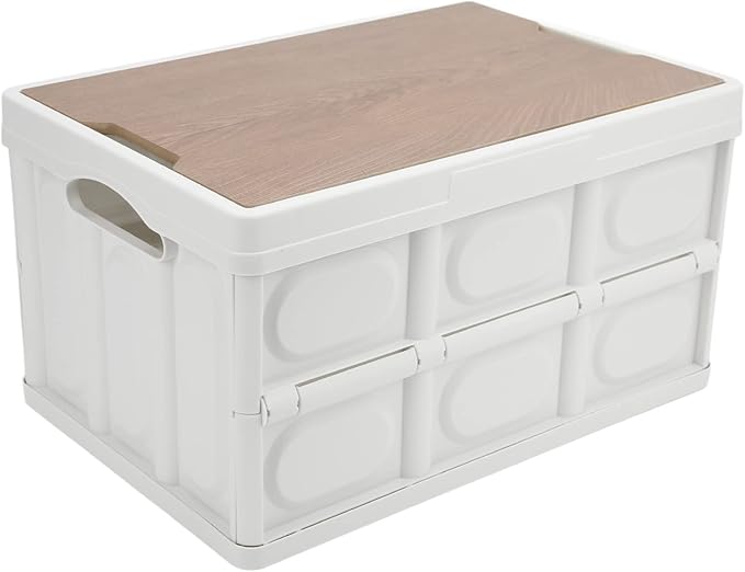 Alomejor 30L Storage Box Crate with Lid Folding Storage Box with Wooden Cover Panel for Home Outdoor(White)
