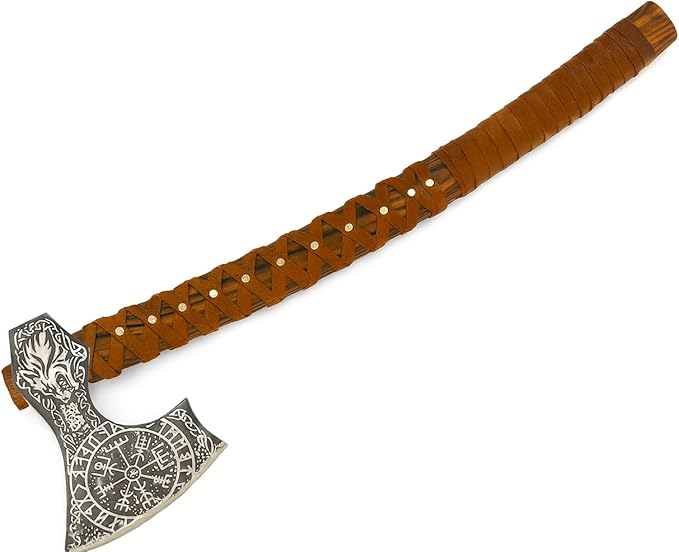 SHINY CRAFTS® Handcrafted Viking Axe – Engraved Nordic Blade with Wooden Handle Unique Gift for Men Collectors Cosplay and Medieval Decor (Brown-VBA-12)