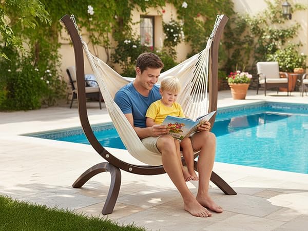 ONCLOUD Hammock Chair with Wooden Stand Curved Hanging Chair Set with Throw Pillow Portable Wooden Hammock Chair for Outdoors 330LBS (Carbonized)
