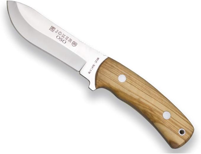 Joker Full Tang Knife OSO CO54 with Olive Wood Handle and MOVA Blade 4.72 inches Toothed loin Fishing Tool Hunting Camping and Hiking.