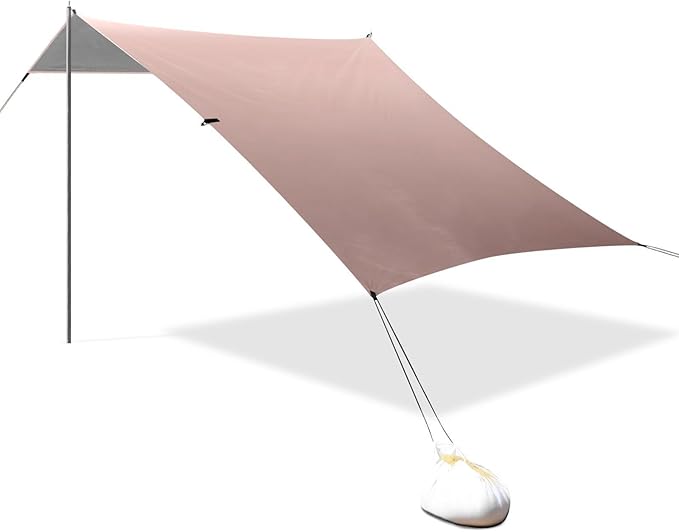 Rose Gold Gradient Foldable Beach Tent UPF50+ Waterproof Portable Sun Shelter Includes Sand Shovel Sandbags Stability Poles for Backyard and Camping