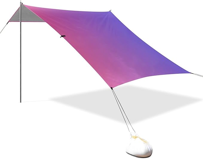 Red Blue Gradient Beach Tent UPF50+ Protection Water-Resistant Shade Sun Shelter Includes Sand Shovel Sandbags Stability Poles for Camping Trips Fishing Backyard Fun or Picnics