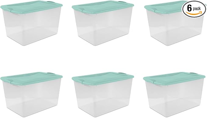 Clear/Mint 6-Count 66 Quart Plastic Storage Containers with Latching Lids Stackable Storage Bins and Totes for Camping Gear Sports Equipment Tools &amp Workshop Supplies – Durable Home Organizatio