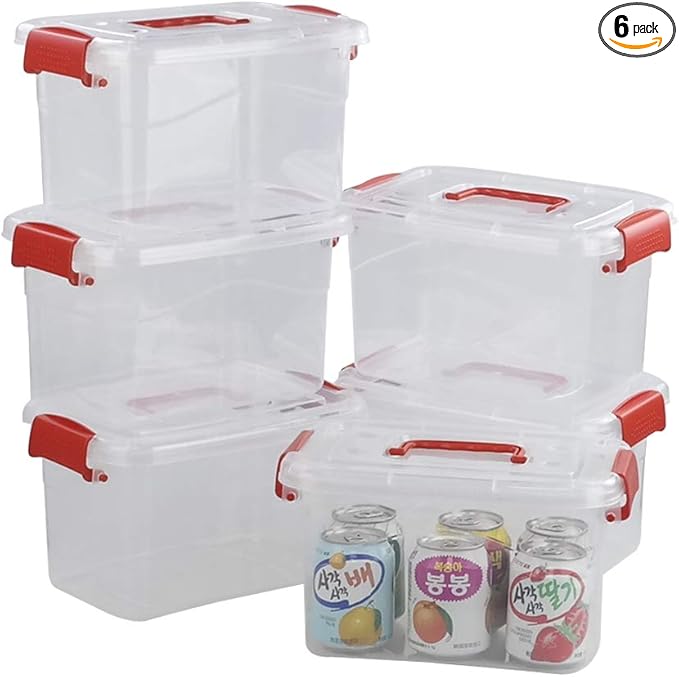 5 L Plastic Storage Bin with Lid Clear Transparent Box With Red Handles Set of 6
