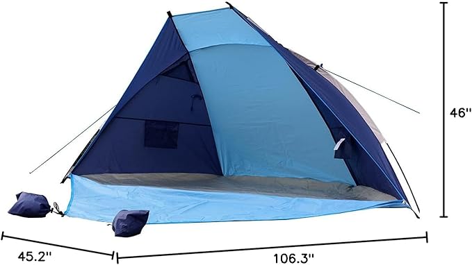 Blue Medium Beach Tent Sun Shelter for 2-3 Person Summer Vacation | Easy Setup Outdoors Canopy Cabana with Carry Bag Travel Family Weekend Holiday