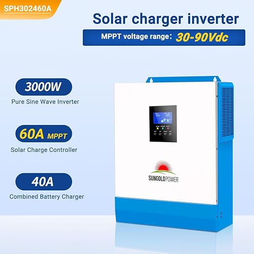 SUNGOLDPOWER UL1741 3000W Solar Inverter 24Vdc to 120Vac All in One Inverter 60A MPPT(MPPT Voltage Range:30-90Vdc) and 40A AC Battery Charger Pure Sine Wave for Off Grid System