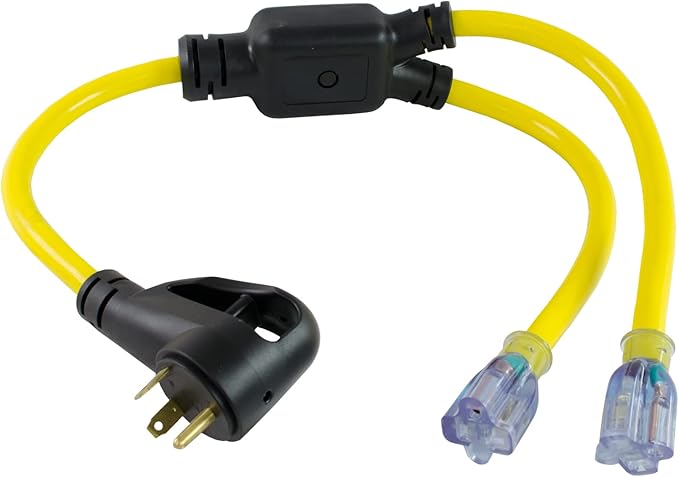 Conntek 14960 RV 3-Feet Y Cable Adapter RV 30A Plug to (2) U.S 3 Prong Connector(15/20A) with Light Indicator