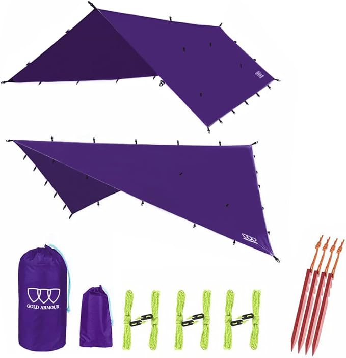 Gold Armour Rainfly Tarp Hammock Premium 14.7ft/12ft/10ft/8ft Rain Fly Cover Waterproof Ultralight Camping Shelter Canopy Survival Equipment Gear Camping Tent Accessories (Purple 10ft x 10ft)