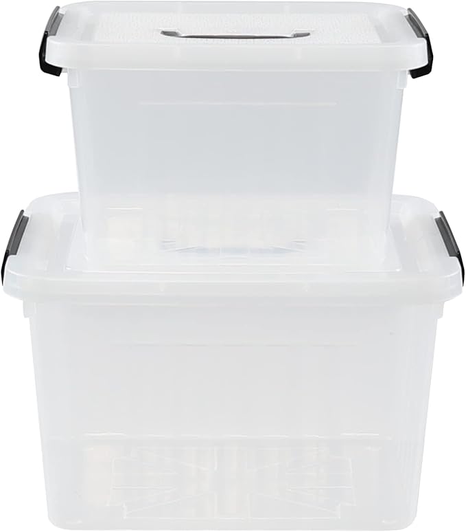 Saedy 12 Quart &amp 6 Quart Plastic Latching Storage Container Box with Handle 2 Pack Clear Lidded Bin
