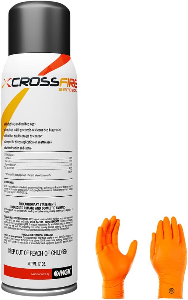 Crossfire Aerosol - Kills pyrethroid-Resistant Bed Bug strains at All Life Stages Ideal Bed Bug Solution with USA Supply Gloves | USA Supply Pest Identification Card
