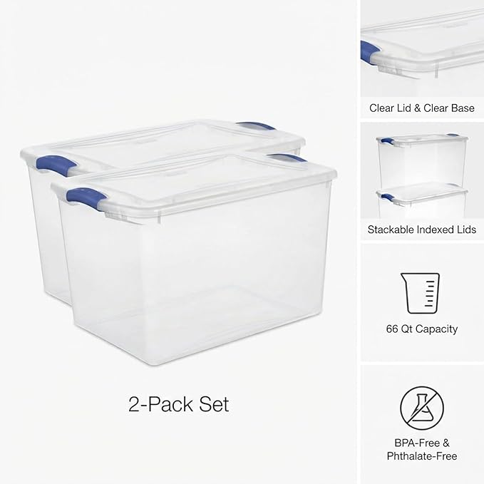 66 Qt Storage Bins with Lids 2 Pack Large Clear Plastic Storage Containers with Secure Blue Latches Stackable Clear Totes for Sports Equipment
