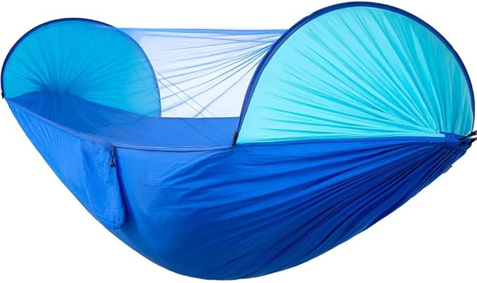 Wild Campingportable Hammock Standmade of Nylon Quick Opening 2-in-1 Automatic Mosquito Hammock User-friendly Storage Bag Design Suitable for Camping Beach and Other Scenes(Blue)