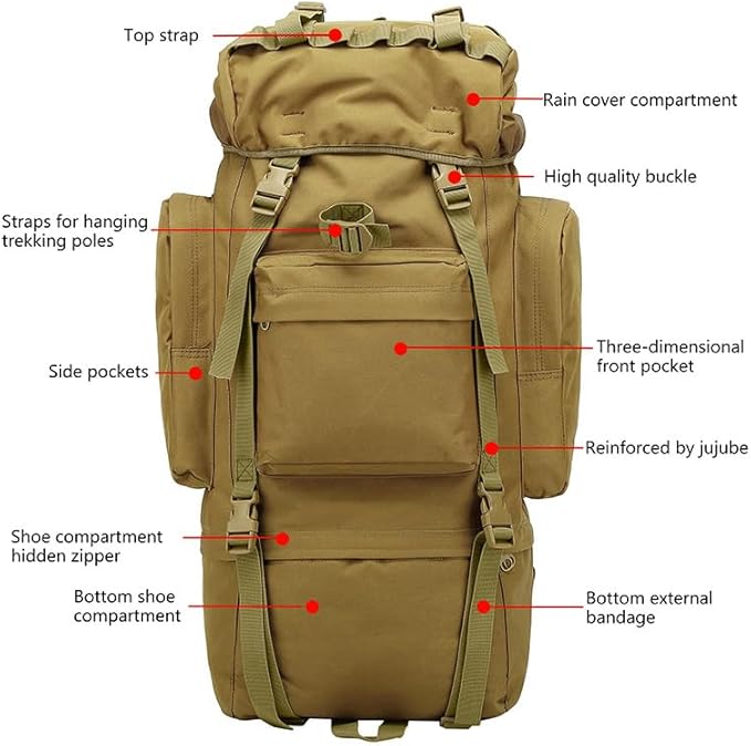 Tactical Backpack Military Molle Hiking 56-75L Hiking sports camouflage tactical outdoor hiking bag khaki