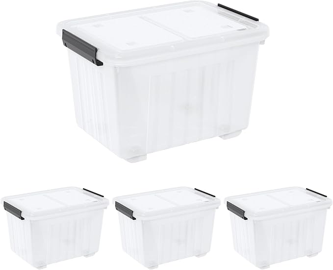 Kiddream 50 Quarts Clear Plastic Latching Boxes with Wheels Large Storage Bins with Lids Set of 4
