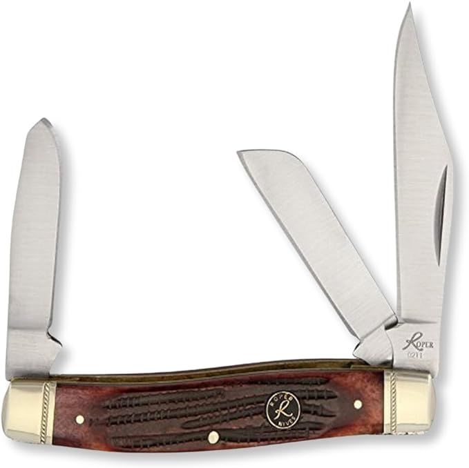 Roper Knives Tobacco Stockman Knife - 3 1065 Carbon Blades - Compact Durable Strong - Clip Spey and Sheepsfoot