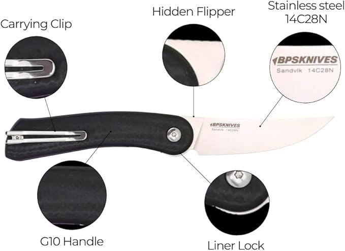 BPSKNIVES Colibri - Black Folding Knife 14C28N Stainless Steel Blade with G10 Handle - Small EDC Knife with Pocket Clip for Men - Sharp EDC Knife