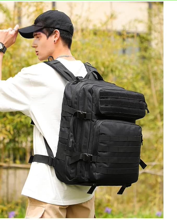48L 3-day Tactical backpack heavy duty zipperHiking Camping Hunting Climbing backpack Nylon canvas Knapsack Outdoor backpack (Black)
