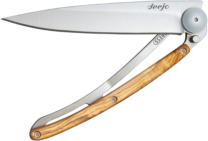 deejo - 27G Folding Pocket Knife with Belt Clip - Naked Grey Titanium Finish 2.95-Inch Stainless Steel Blade Olive Wood Handle - Lightweight Everyday Carry for Home Work and Outdoor Use