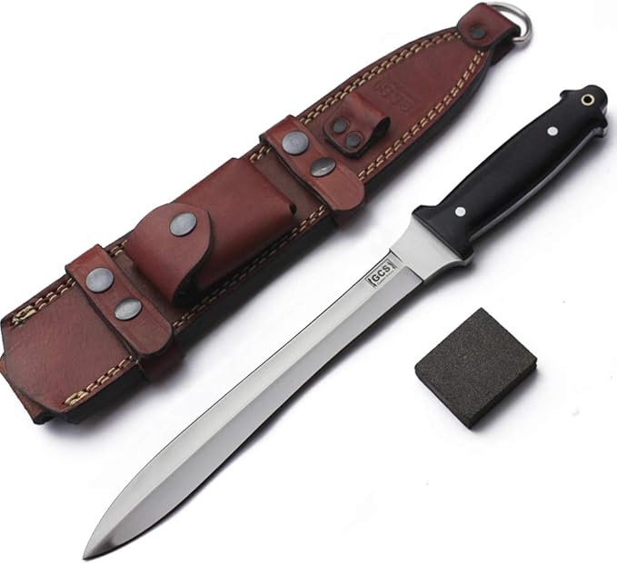 GCS Handmade Survival Tactical Hunting Black G10 Handle with Brown Leather Right or Left Hand Horizontal Fixed Blade Knife Sheath &amp Sharpening Stone GCS231