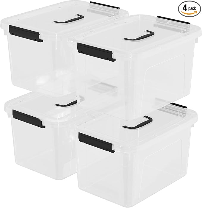 4 Packs 10 QT Plastic Storage Bins with Lids Stackable Storage Containers for Organizing Clear Storage Box for Garage Closet Kitchen