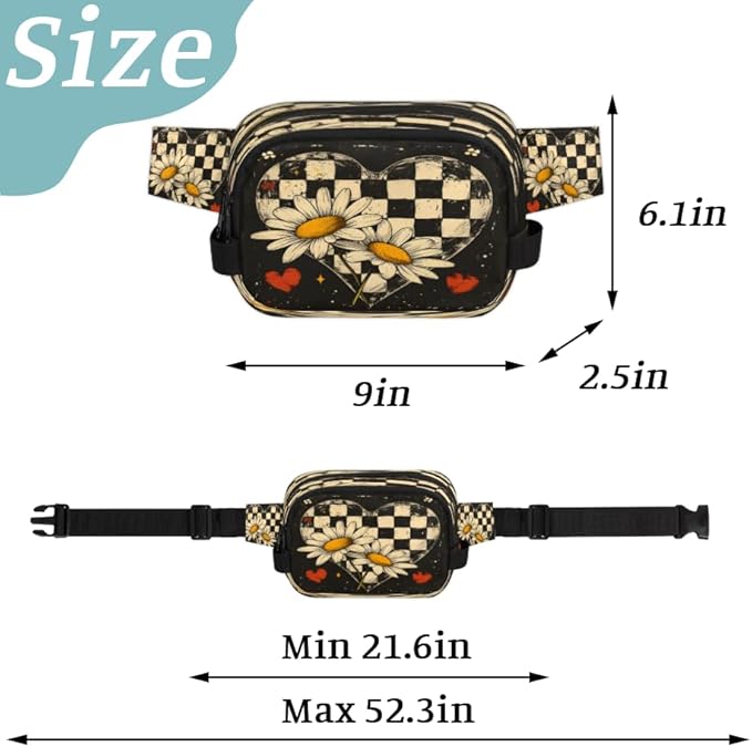 Love Grid Chrysanthemum Waterproof Fanny Pack for Women Men Adjustable Waist Bag with Double Zipper Pockets Lightweight Square Hip Pack for Running Travel Hiking Workout Cycling