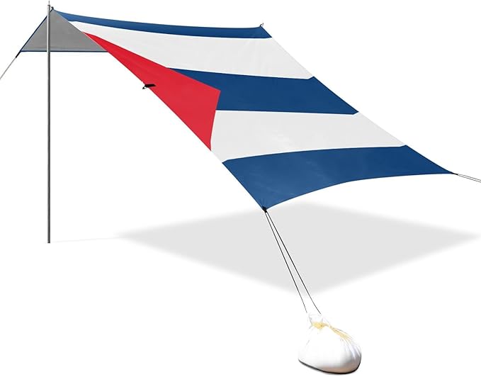Cuba Flag Foldable Beach Canopy UPF50 Waterproof Large Portable Sun Shelter with Sand Shovel Sandbags for Family Trips Picnics &amp Camping