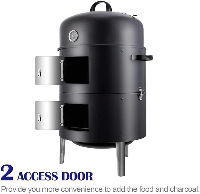 16 BBQ Smoker Grill Built in Thermometer Air Vent and Two more biger Access Doors Multi-Layer Meat Smoker Grill with 3 Heat-resistant Handles Ideal for Outdoor Cooking Camping BBQ