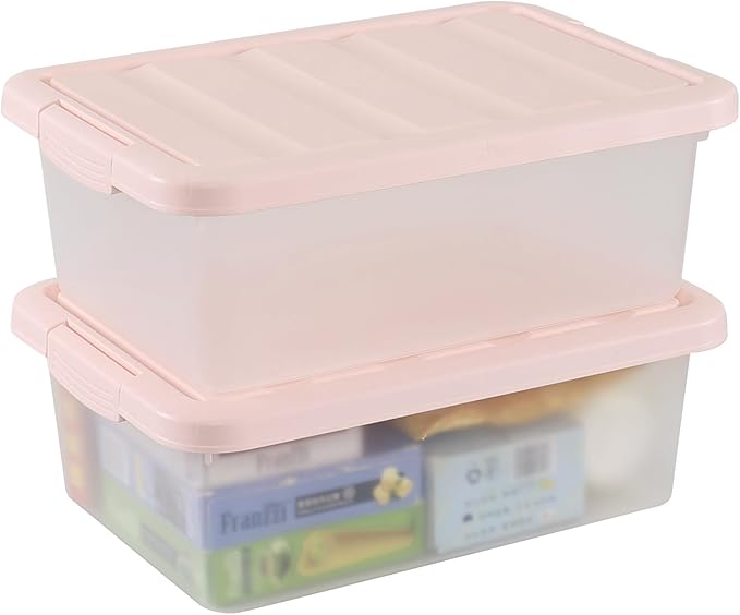 Wekioger Set of 2 Versatile Organizer Bins with Pink Lids 14 Quart Plastic Latching Storage Box