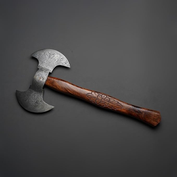 19.5 inches Length || Handmade Damascus Steel Axe || Viking Axe || Double Headed Axe || Authentic Design || Ergonomic Handle || Leather Sheath || Collectible Piece.