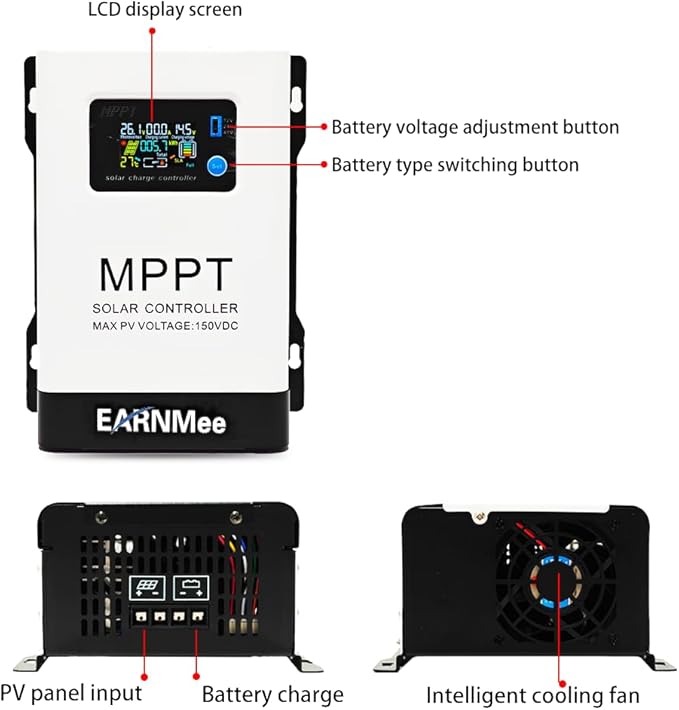 60A MPPT Solar Charge Controller 18-150VDC PV Input 12V/24V/48V Adjustable Output(Manual) Ideal for RV Large Solar Systems Compatible with Mono/Poly Panels &amp Lead-Acid/Lithium Batteries