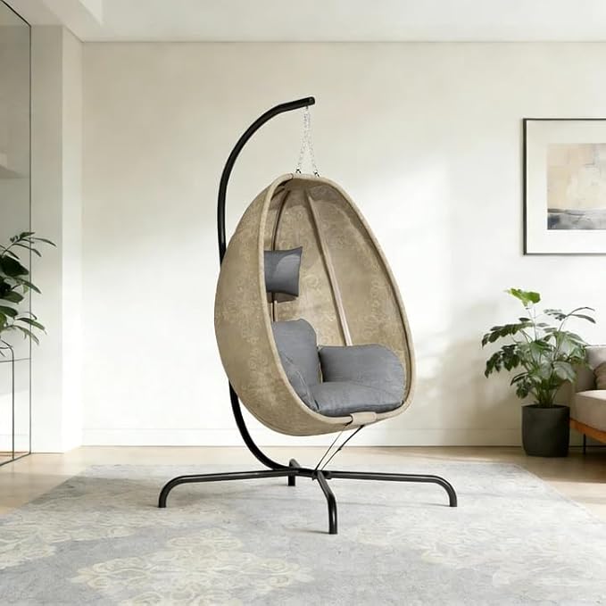 ALAULM Foldable Egg Chair with Stand 485LBS Capacity Textilene Hammock Swing Chair for Outdoor &amp Indoor Hanging Chair with Strong Frame &amp UV Resistant Cushion for Balcony Bedroom Light Gra