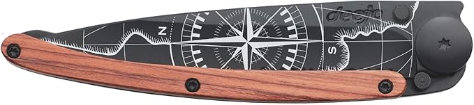 deejo - 37G Serrated Folding Pocket Knife with Belt Clip - Terra Incognita Design 3.7-Inch Stainless Steel Blade Black Titanium Finish Coral Handle - Lightweight EDC for Home Work Outdoor Use