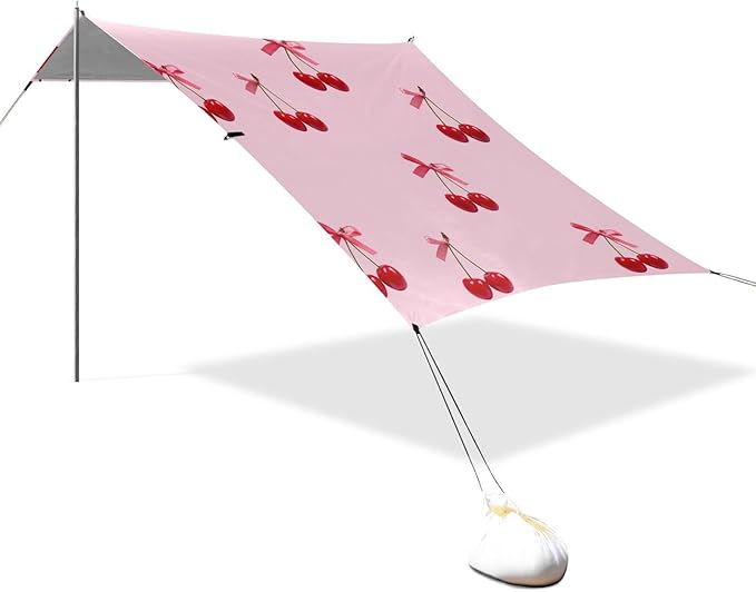 Beach Canopy with Windproof Ropes &amp Sandbags Beach Tent Sun Shade Sun Shelter for Camping Trips Fishing Backyard Fun or Picnics Cherry