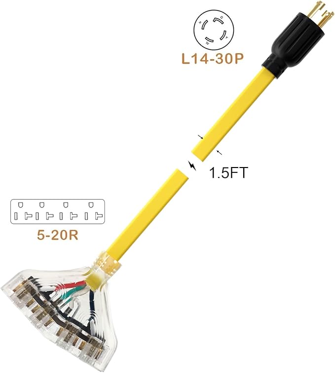 ACKING 30 Amp NEMA L14-30/Four 5-20R Generator Locking Cord 4-Prong 10 Gauge Cord to Household CableGenerator Adapter 125/250V 30 Amp 7500 Watts UL Listed 1.5FT