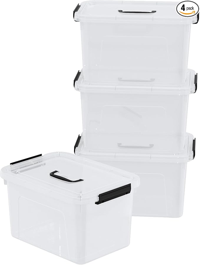 4-Pack 10 L Plastic Latching Box with Handle Clear Storage Containers Box for Organizing