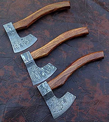 Lot of 3 Axe Damascus Steel 13 Rose Wood Handle Axe/Hand Forged Woodsman Axe