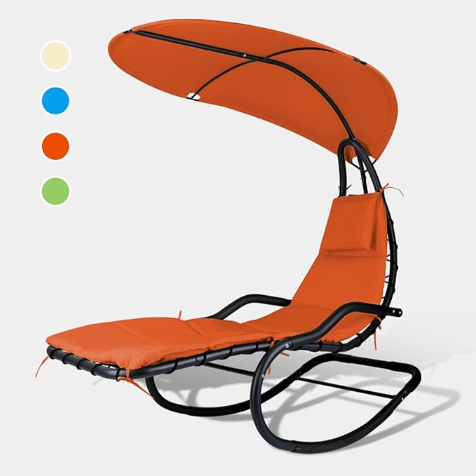 Outdoor Hammock Rocking Chaise Lounge Swing Chair with Stand and Canopy Porch Swing w/Soft Cushion Removable Headrest Outdoor Recliner Rocking Chair for Garden Backyard Poolside (Orange)
