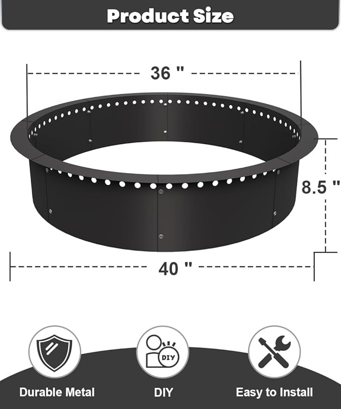 36 Inch Smokeless Fire Pit Ring Insert Outdoor Heavy Duty Metal Steel DIY Firepit Rim Liner Round Campfire Rings for Outside Wood Burning Above or In-Ground Black